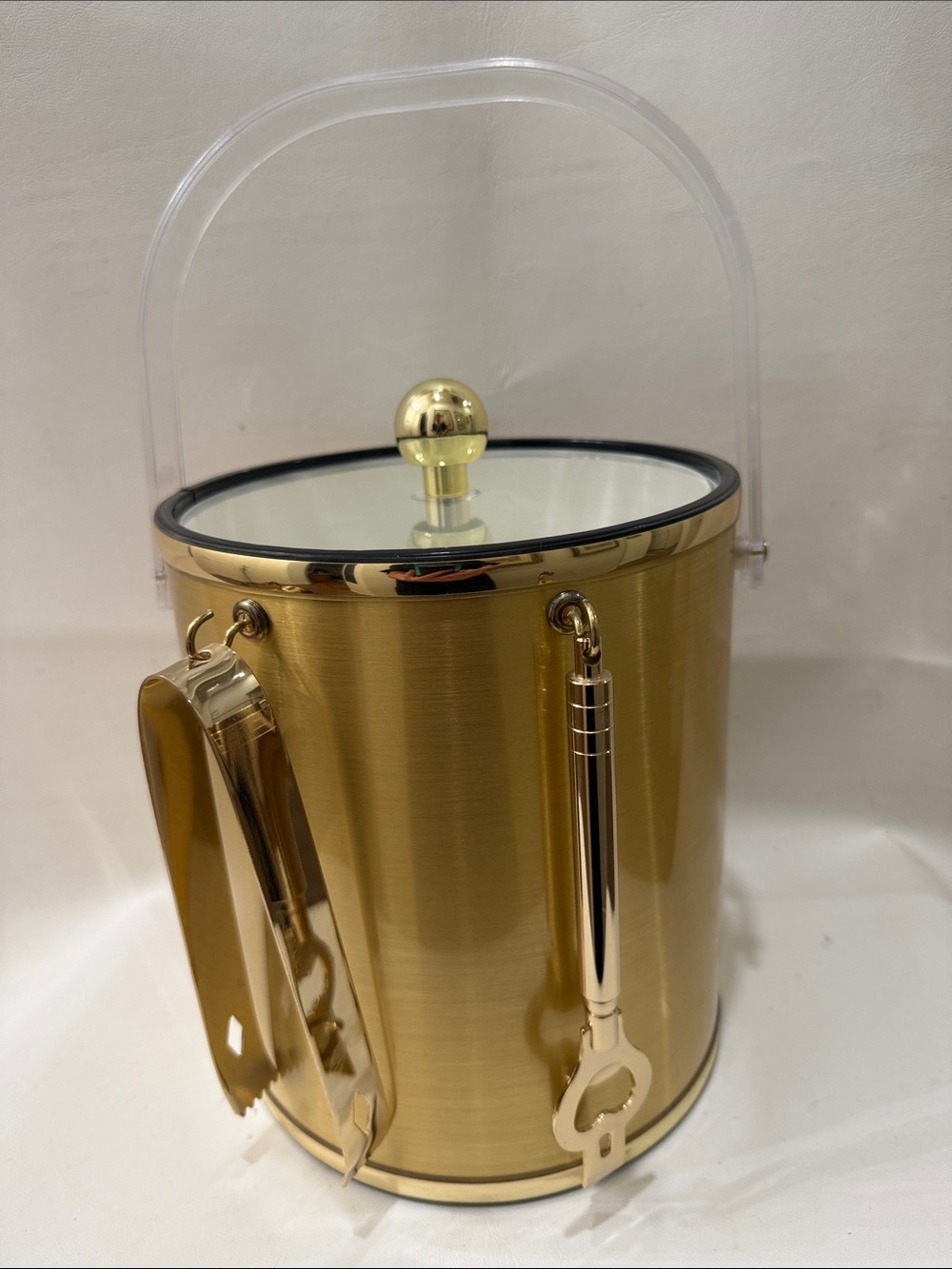 Gold Lucite Ice Bucket with Lid Tongs Bottle Opener 9 In Tall 7 1/2 In Round